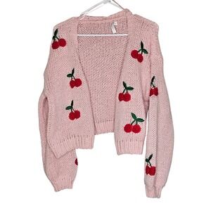 Altard State Pink Cherry Embroidered Chunky Knit Cardigan Sweater XXS‎ Whimsy